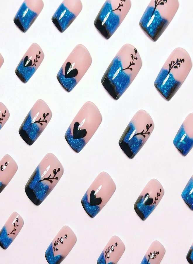 OCOUYVD Blue Gradient French Tip Press on Nails Short Square Shaped False Nails Heart Love Pattern Designs Glitter Acrylic Fake Nails Full Cover Glossy Artificial Stick on Nail Women Nail Art DIY 24 Pcs - Image 2